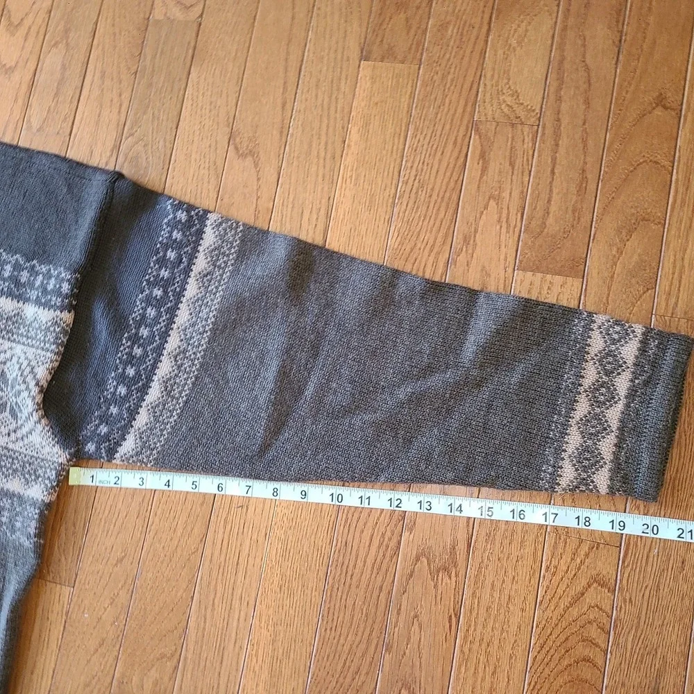 Vtg Herman Geist Wool Fair Isle Sweater Hand Embroidered Chocolate Brown‎ Tan Lg
